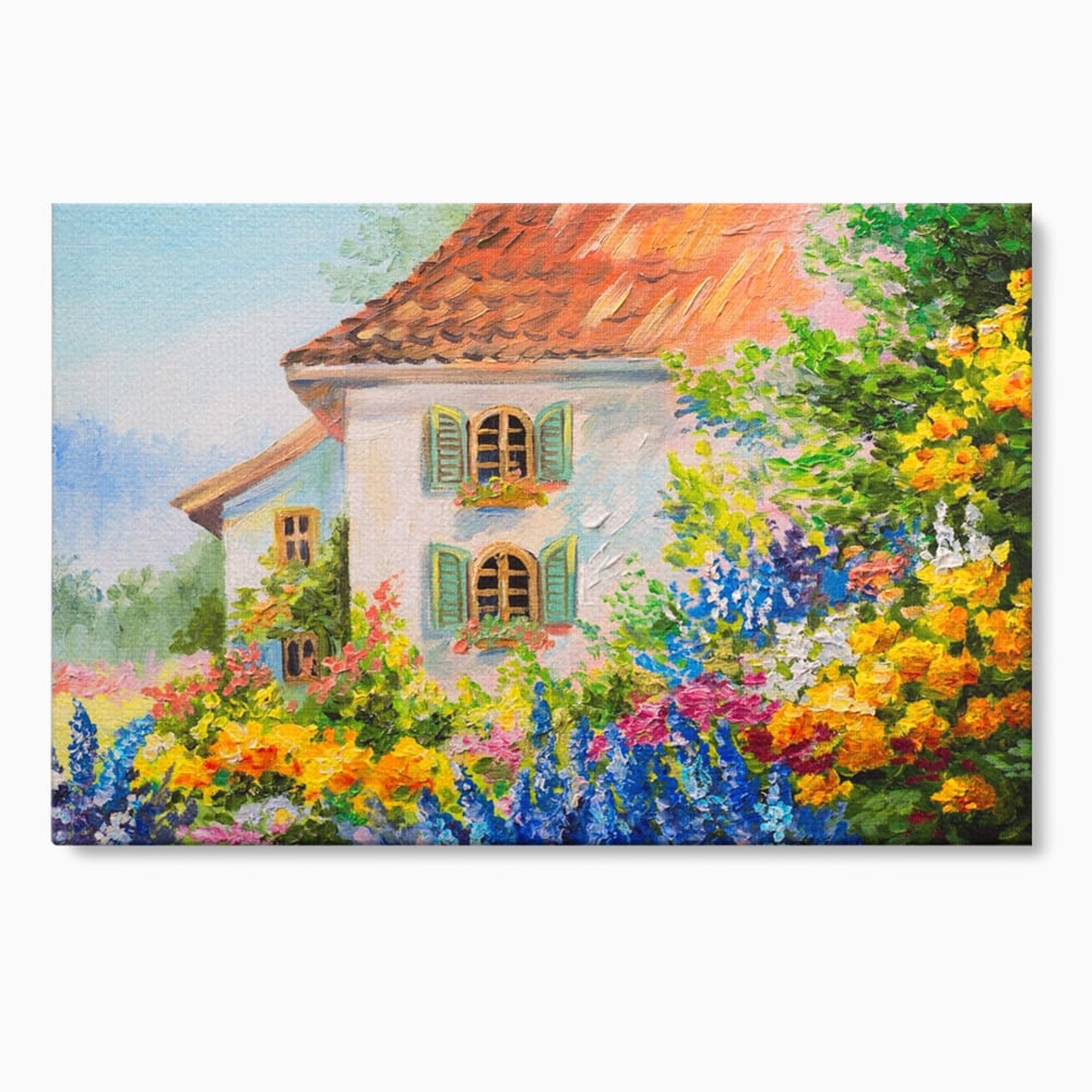 Tablou canvas cu pictura cu casa alba si flori, fara rama, pe sasiu de lemn